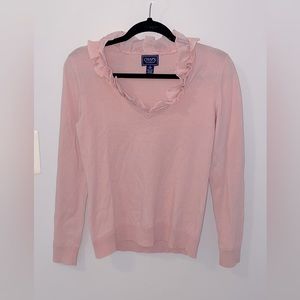 Chaps Pink Ruffled Collar Long Sleeve V Neck Sweater